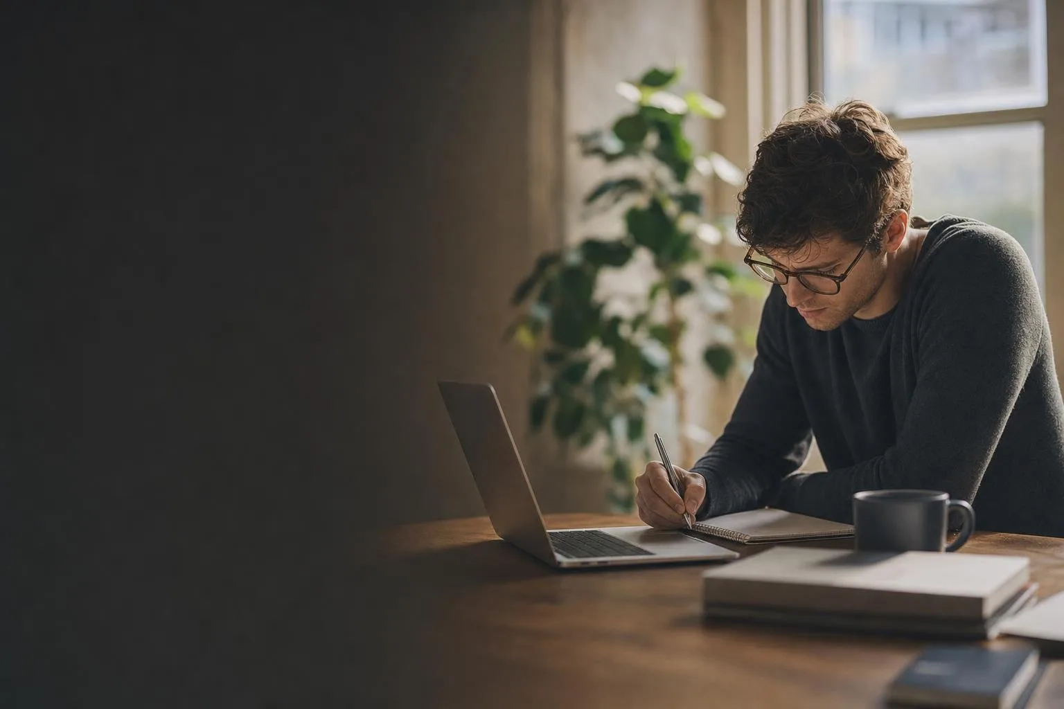 Instructor working at a desk with a laptop and course materials